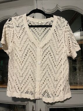 Ultra Pink Cream Openwork Button-Front Short Sleeve Cardigan